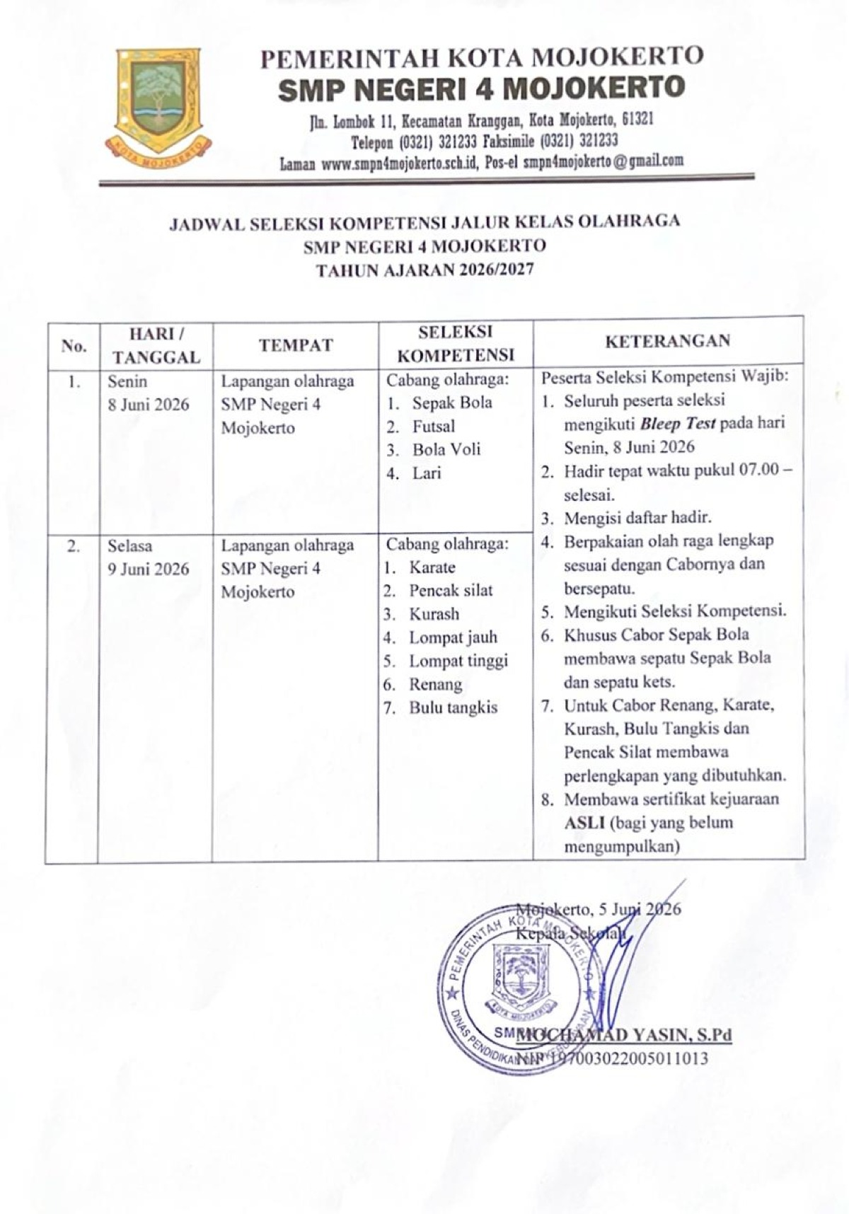 Jadwal Selèksi Kompetensi Jalur Kelas Olahraga