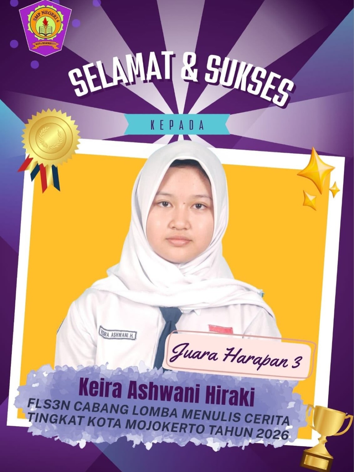 Selamat dan Sukses Juara Harapan 3 FLS3N Menulis Cerita
