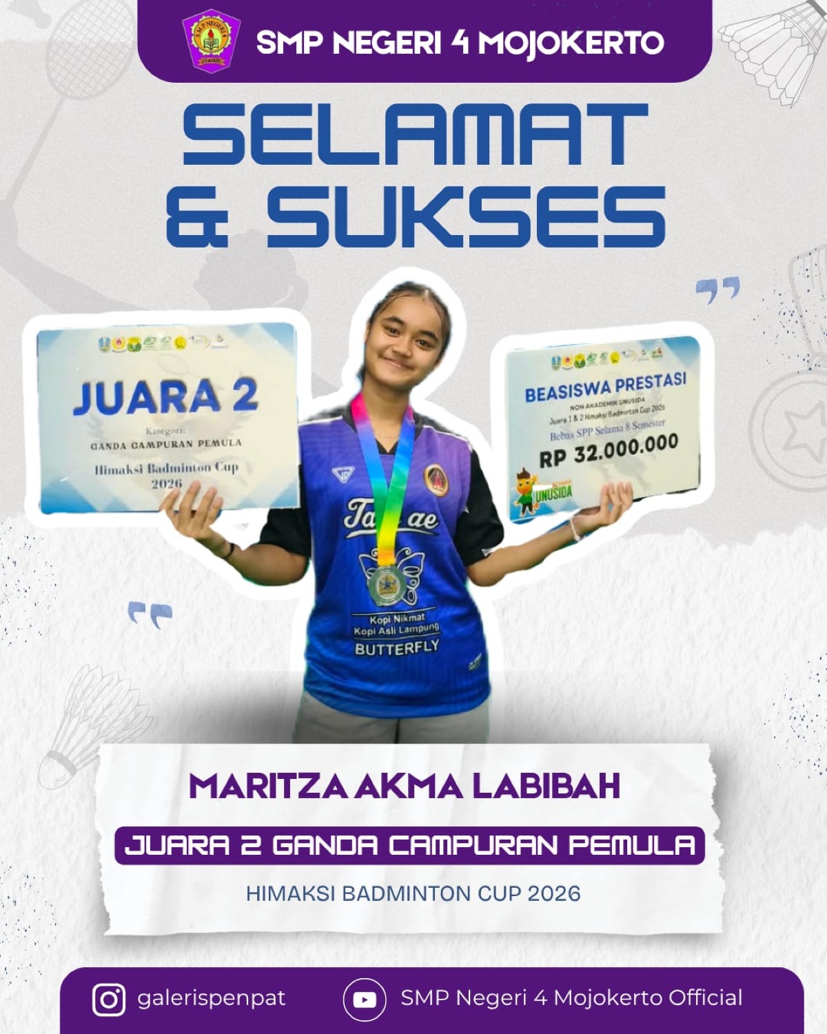 Selamat dan Sukses kepada Maritza Akma 8H Juara 2 Bulutangkis Putri